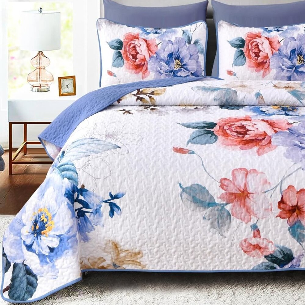 New Botanical Blue Floral 3 PC Bedding 100% Polyester Quilt Set • QUEEN Size